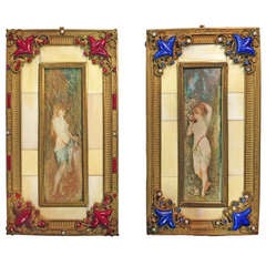 Art Nouveau Miniature Paintings In Original Gilt Jeweled Frames C.1900