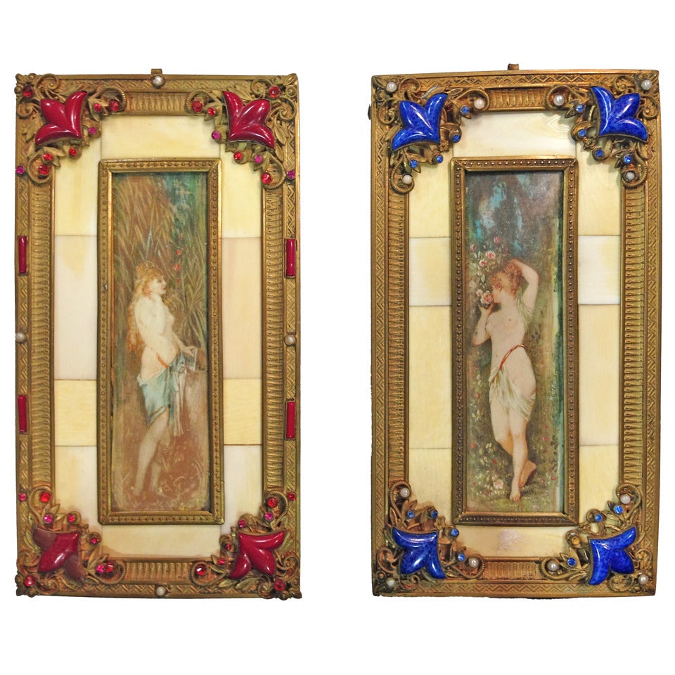 Art Nouveau Miniature Paintings In Original Gilt Jeweled Frames C.1900