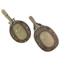 Antique Chinese White and Celadon Color Jade and Silver Hand Mirrors signed