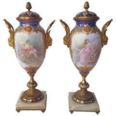 French Sevres Style Urns Gilt Bronze and Champleve Enamel Mounts circa 1880