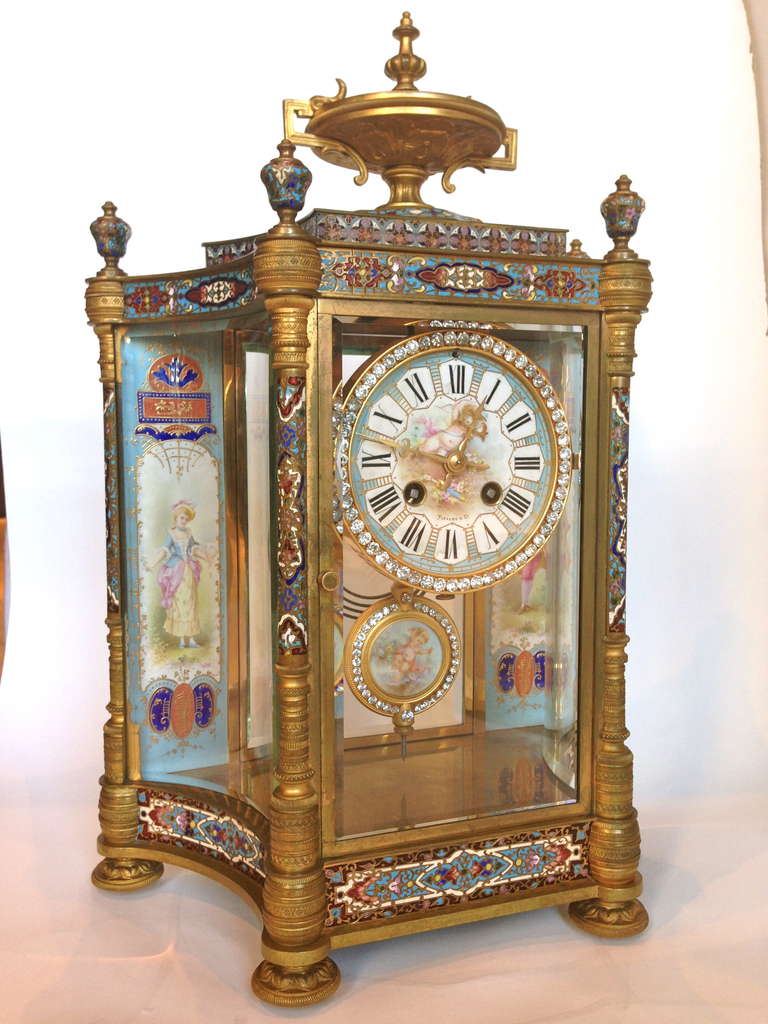Champlevé Gorgeous Assembled French Champleve Enameled Clock Set 19th Century, Signed Tiffany