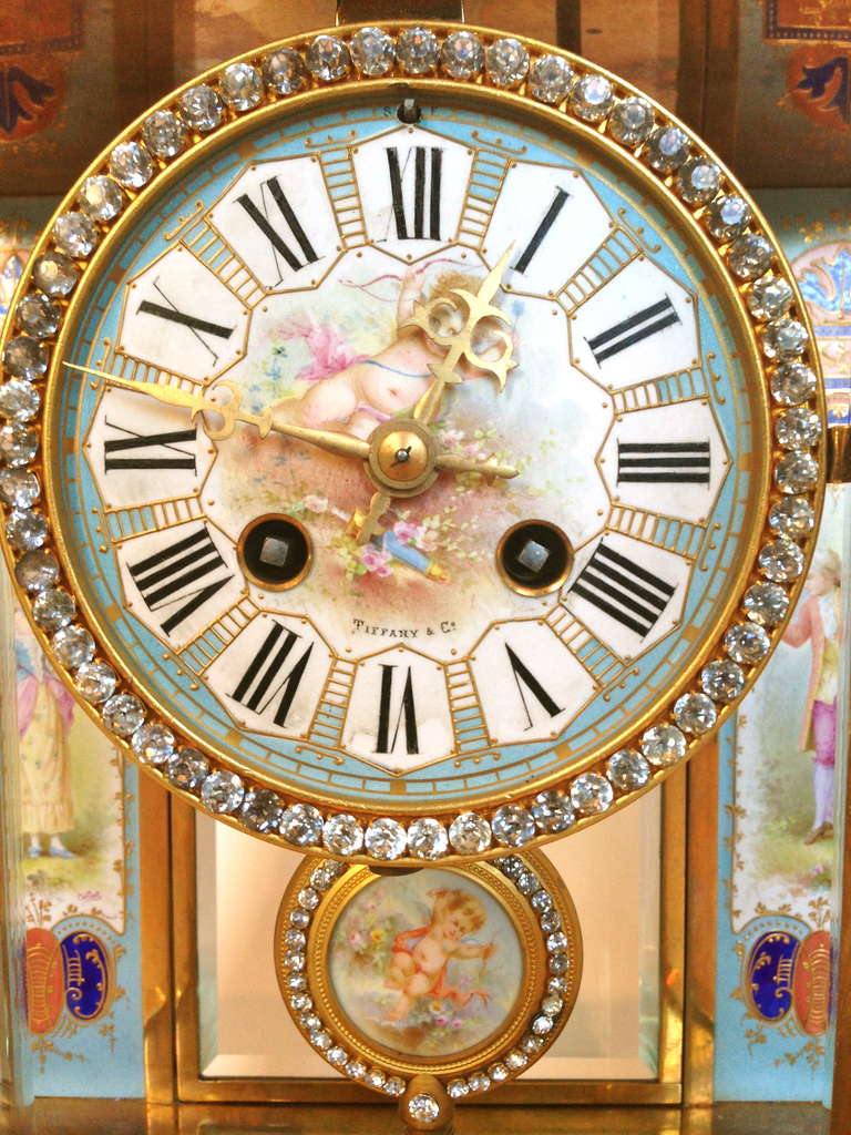 Gorgeous Assembled French Champleve Enameled Clock Set 19th Century, Signed Tiffany In Excellent Condition In Redding, CA