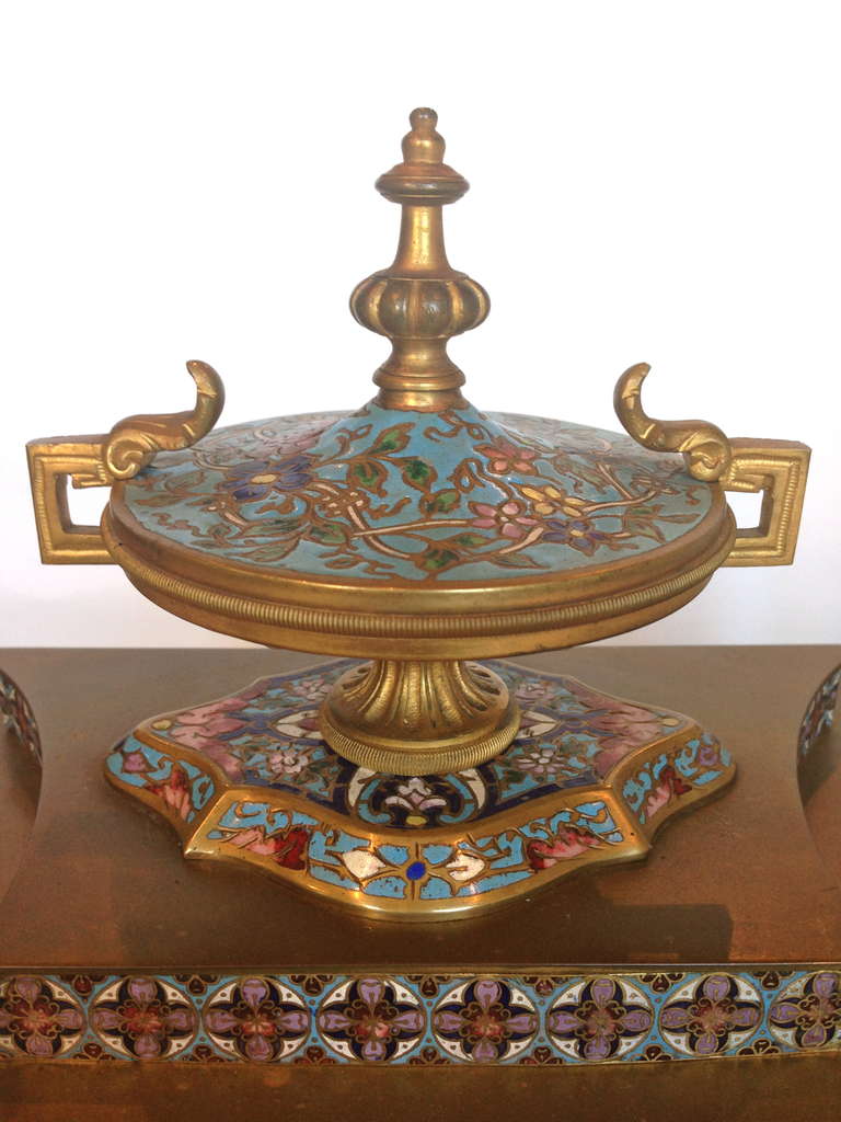 Gorgeous Assembled French Champleve Enameled Clock Set 19th Century, Signed Tiffany 2