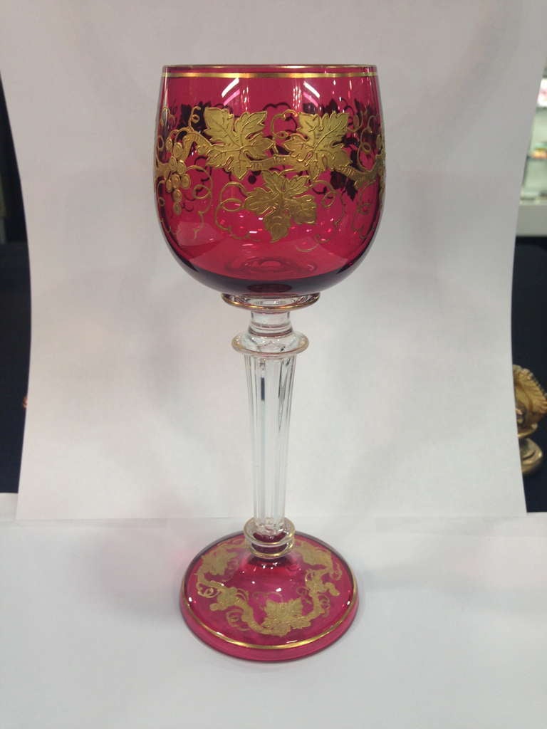 Paste French Cranberry and Clear Wine Glasses with Gilt Grape Highlights, circa 1900 For Sale
