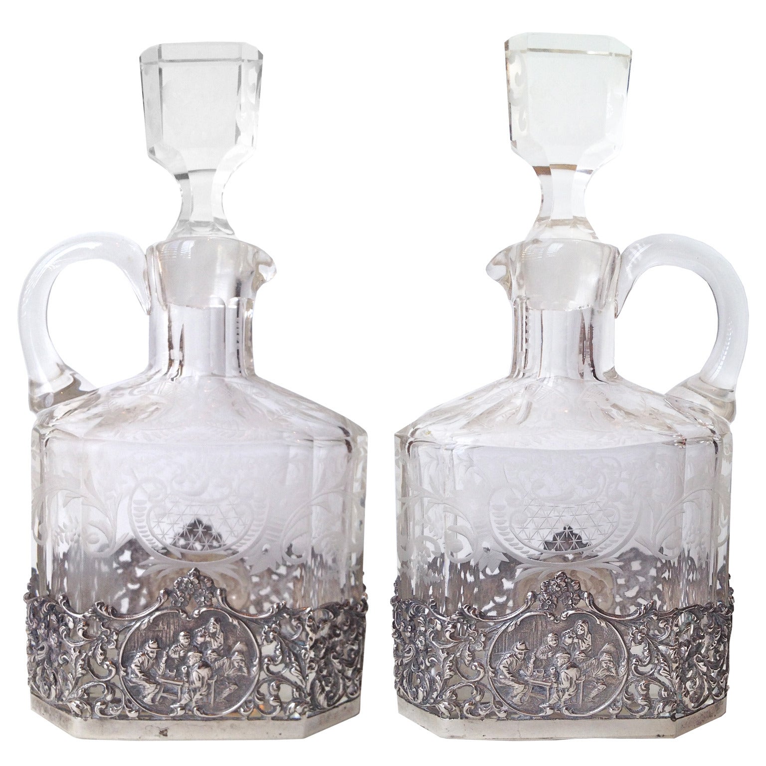 Fine Pair of German 800. Silver Mounted Etched Glass Decanters circa 1900