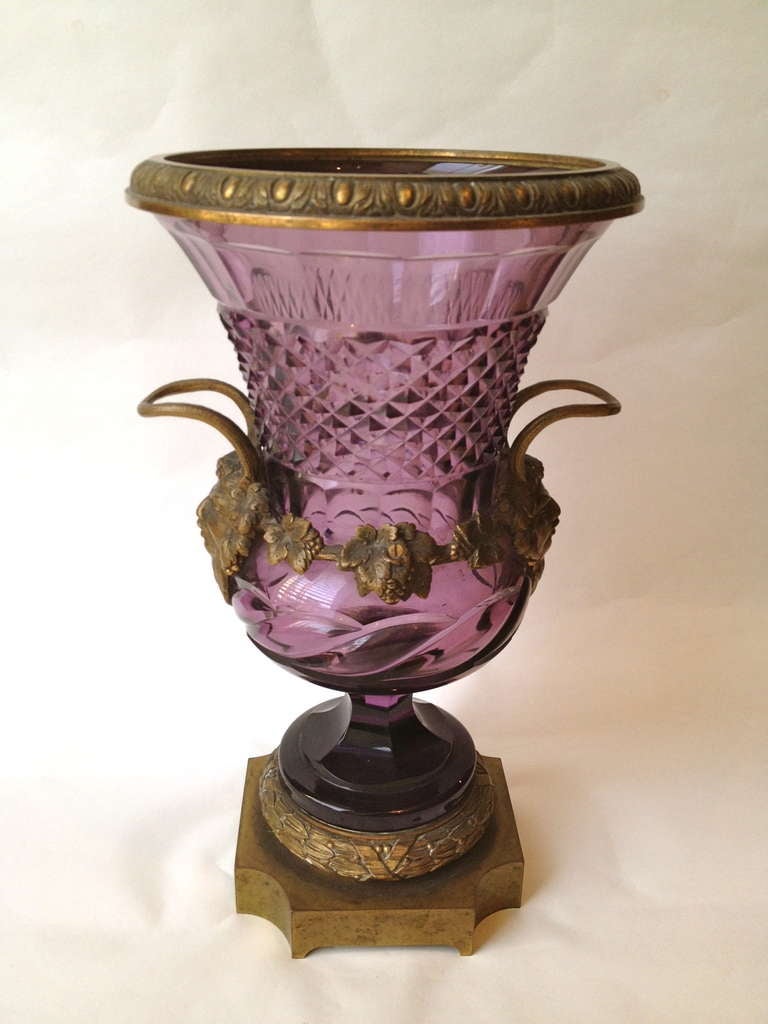 French Large Baccarat Urns Rare Amethyst Color Glass with Gilt Bronze Mounts circa 1870