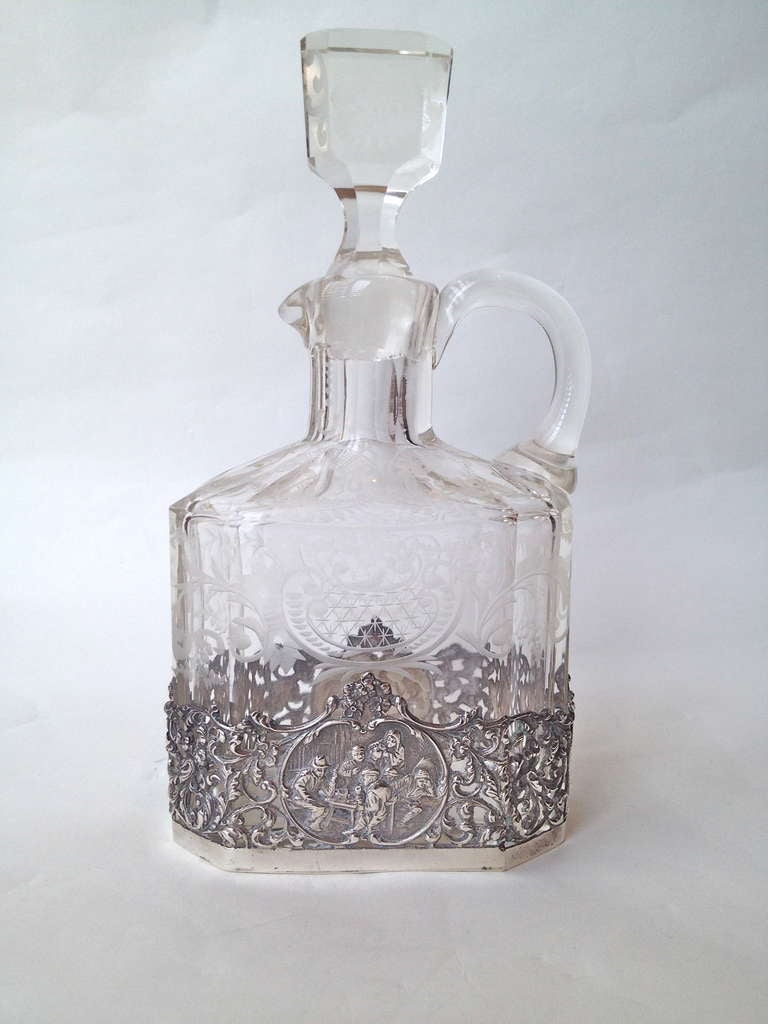 Fine Pair of German 800. Silver Mounted Etched Glass Decanters circa 1900 In Excellent Condition In Redding, CA