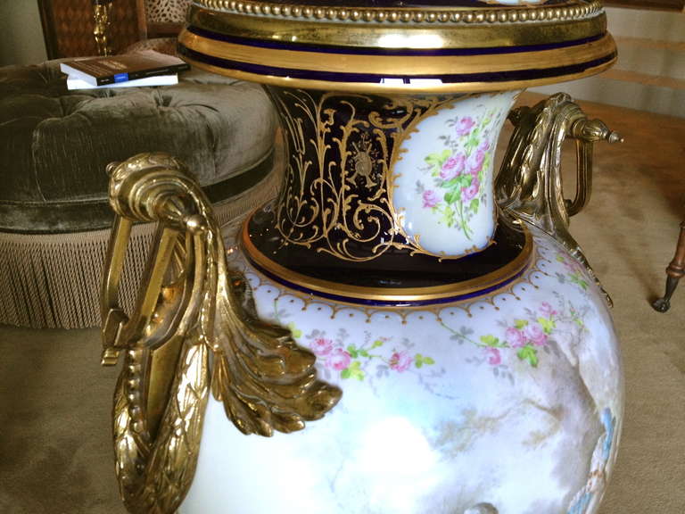 French Antique Gilt Bronze Mounted Sevres Style Palace Urn, circa 1900 Signed For Sale 1