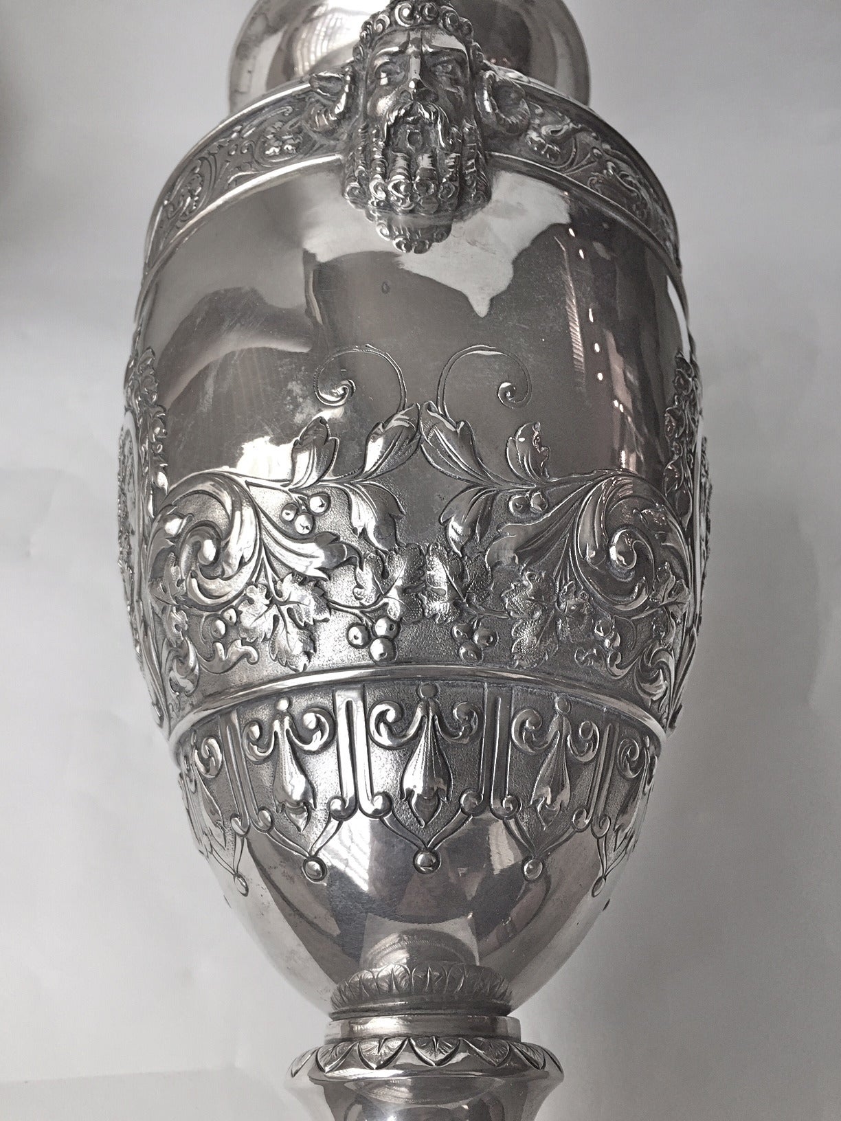 Large Continental Silver Vase Cast and Chased Double Snake Handles, 19th Century In Excellent Condition In Redding, CA
