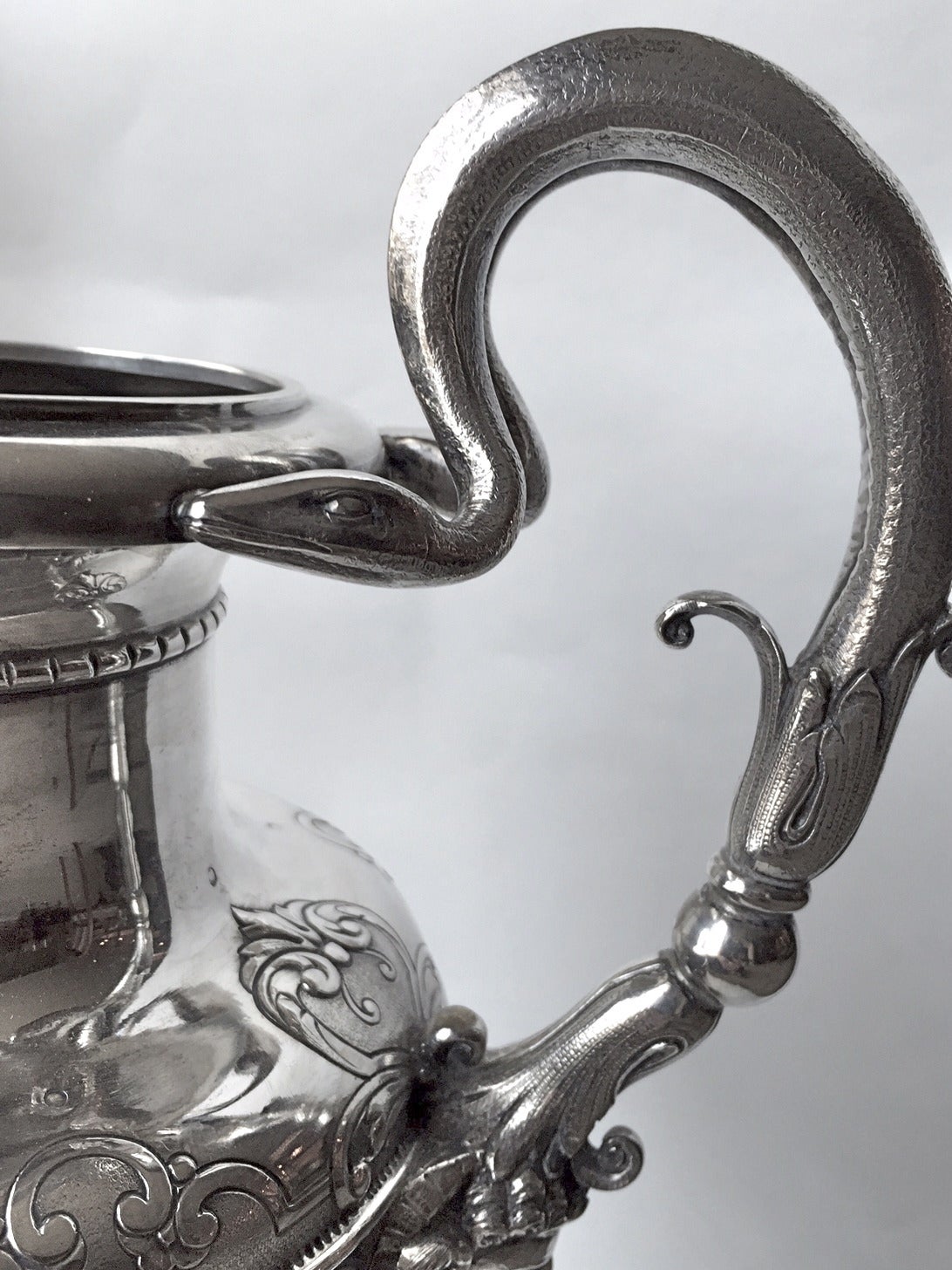 Large Continental Silver Vase Cast and Chased Double Snake Handles, 19th Century 1