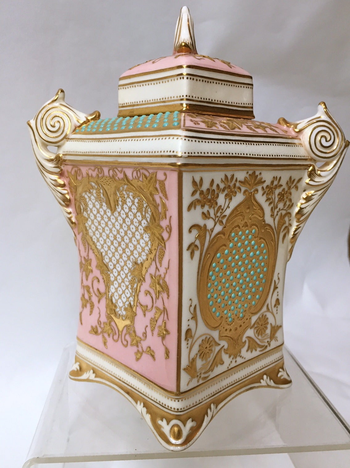 The last one of these we had for offer was about fifteen years ago, they are rare. Beautifully gilded and Jewelled in the famous dot pattern. So unusual is
the shape, this example is retaining its original cover and also the often lacking
Inner