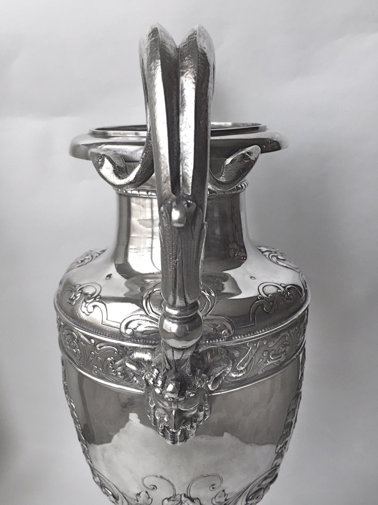 Large Continental Silver Vase Cast and Chased Double Snake Handles, 19th Century 2