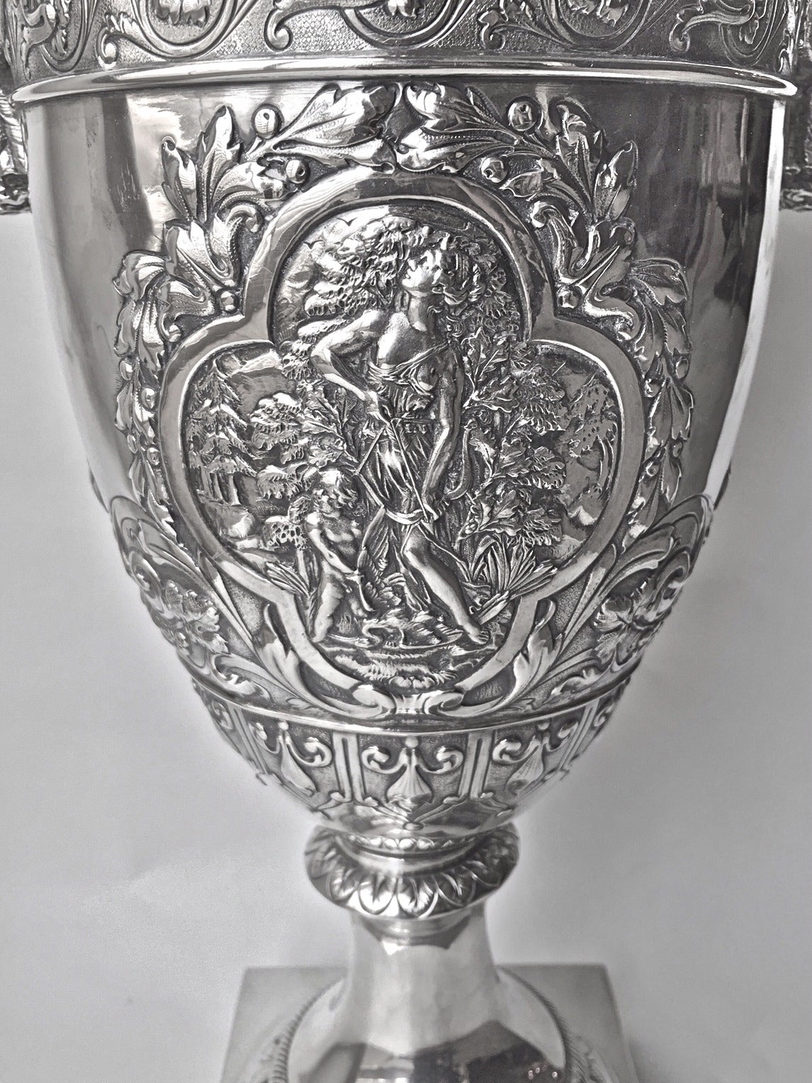 European Large Continental Silver Vase Cast and Chased Double Snake Handles, 19th Century