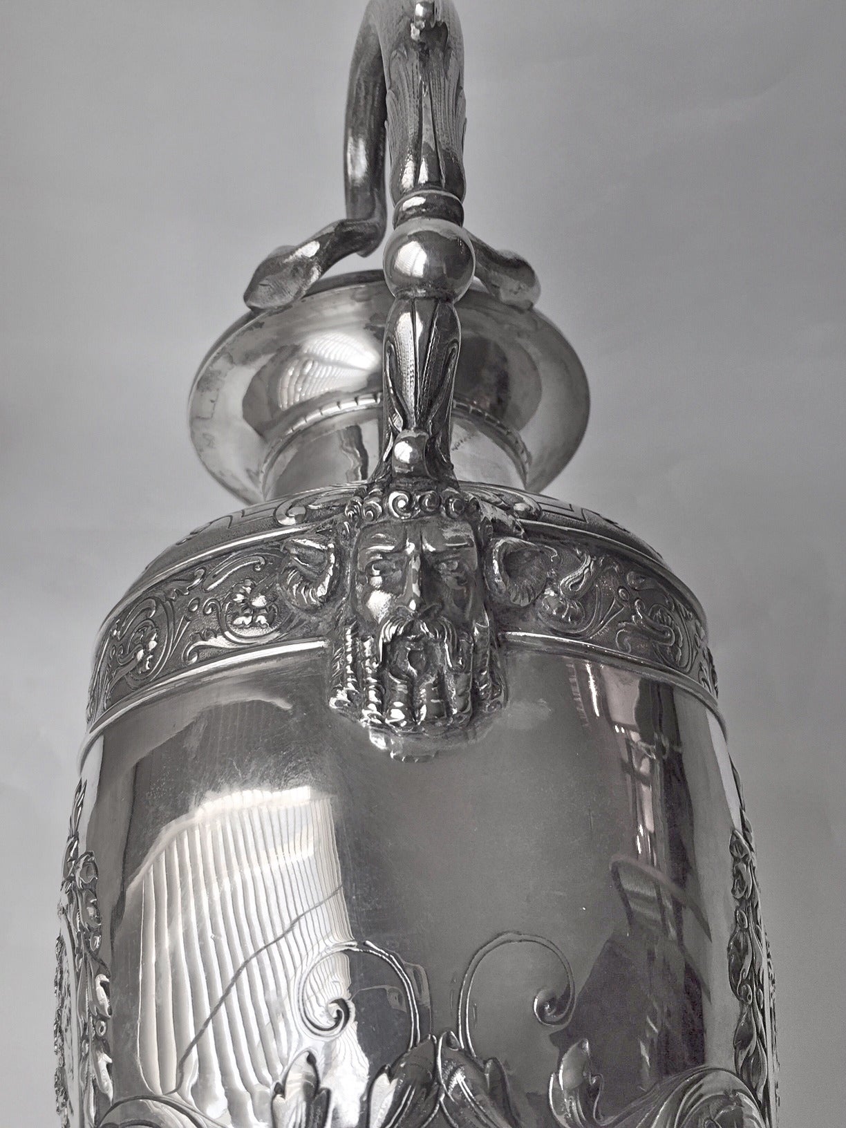 Carved Large Continental Silver Vase Cast and Chased Double Snake Handles, 19th Century