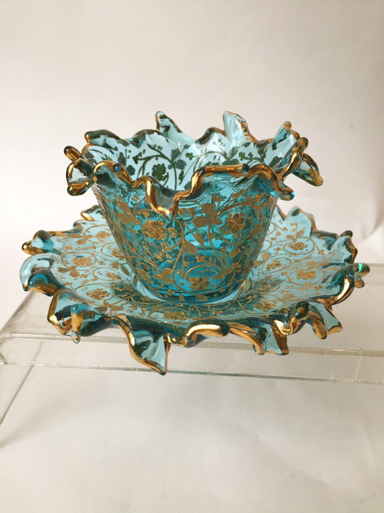 Very Unusual Rare Moser Cups and Saucers, circa 1900 In Excellent Condition In Redding, CA