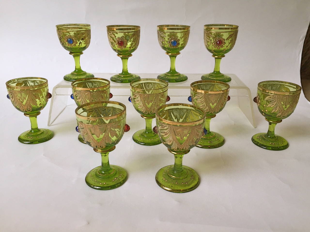 Beautifully displayed on your bar or in a vitrine you will love this and best of all
you will use it as well and it will be a big hit and lots of fun. These are very rare
and hard to find, finely gilt and jeweled and in great condition with 11