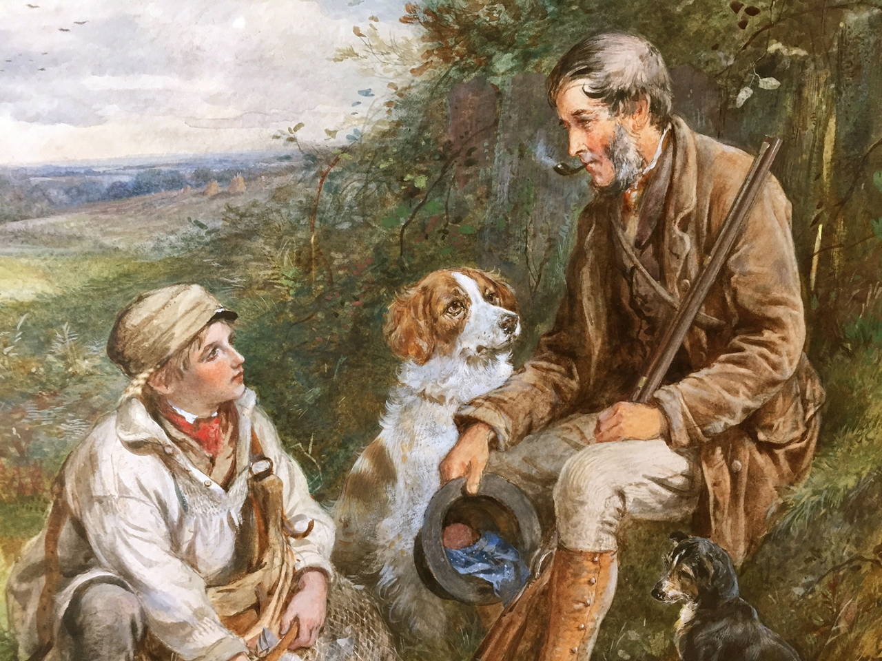 Hand-Painted Hunting Father and Son with Dogs Watercolor by James Hardy Jr., 1867 England For Sale