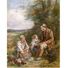 Hunting Father and Son with Dogs Watercolor by James Hardy Jr., 1867 England