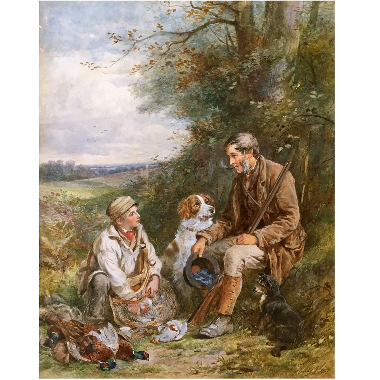 Hunting Father and Son with Dogs Watercolor by James Hardy Jr., 1867 England For Sale