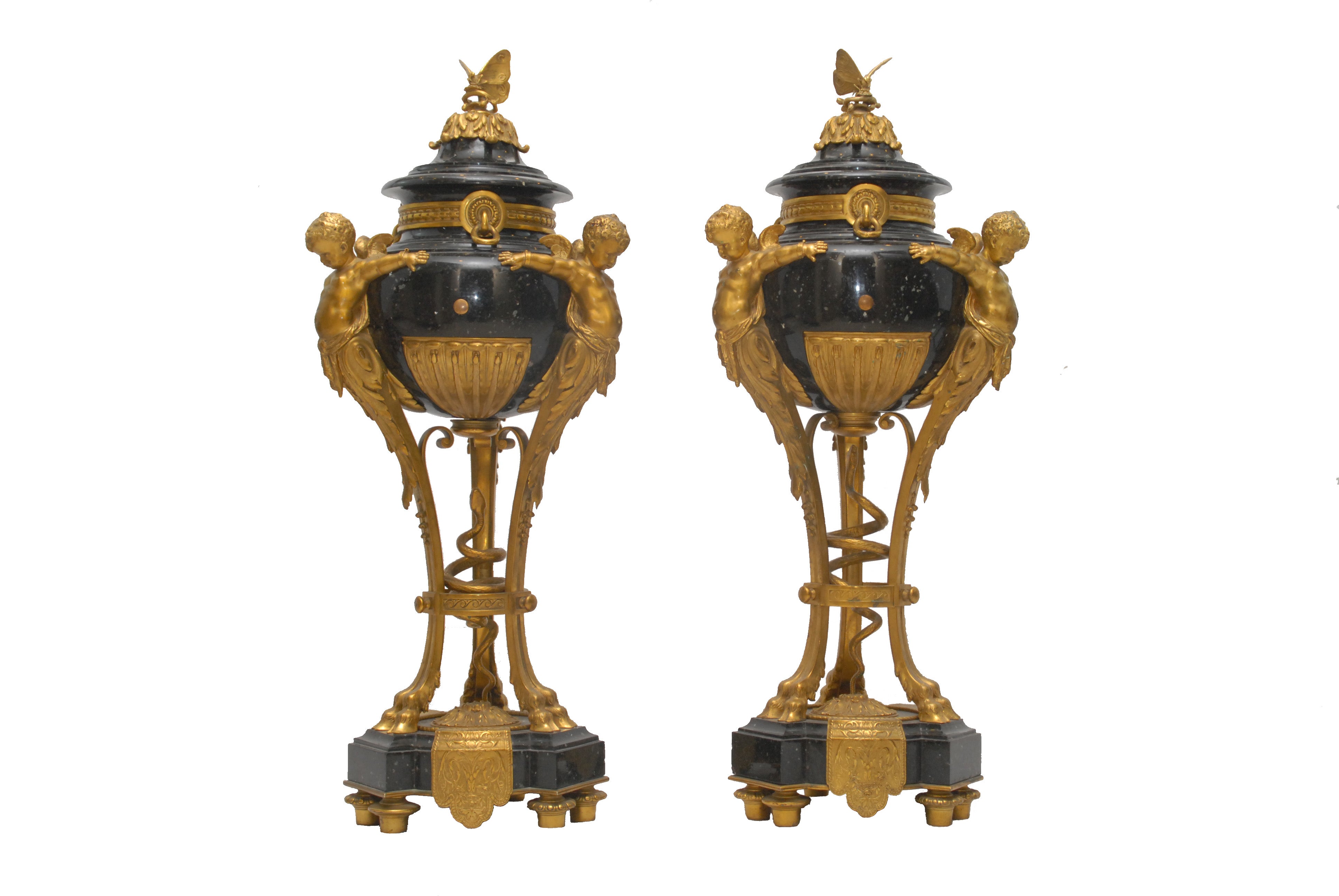 Important French 19th Century Gilt Bronze Mounted Marble Urns