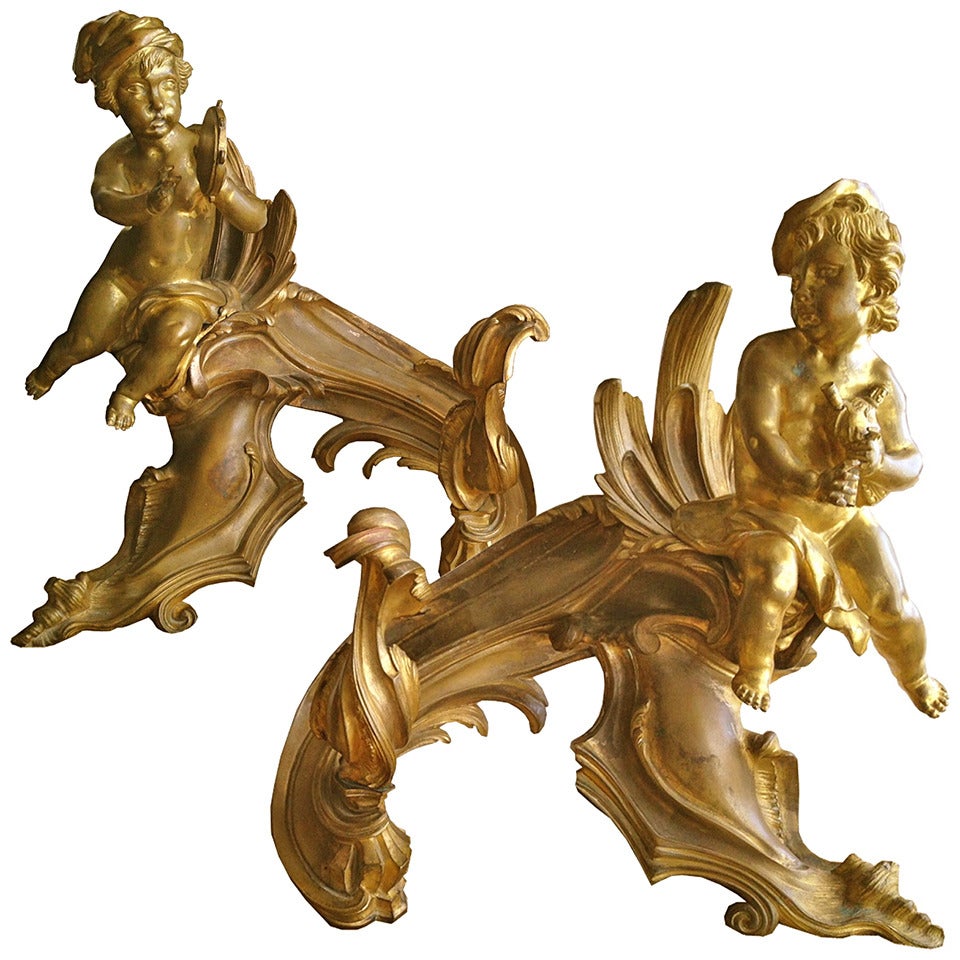 Fabulous French Gilt Bronze Chenets, circa 1880 For Sale