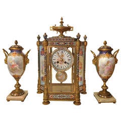 Gorgeous Assembled French Champleve Enameled Clock Set 19th Century, Signed Tiffany