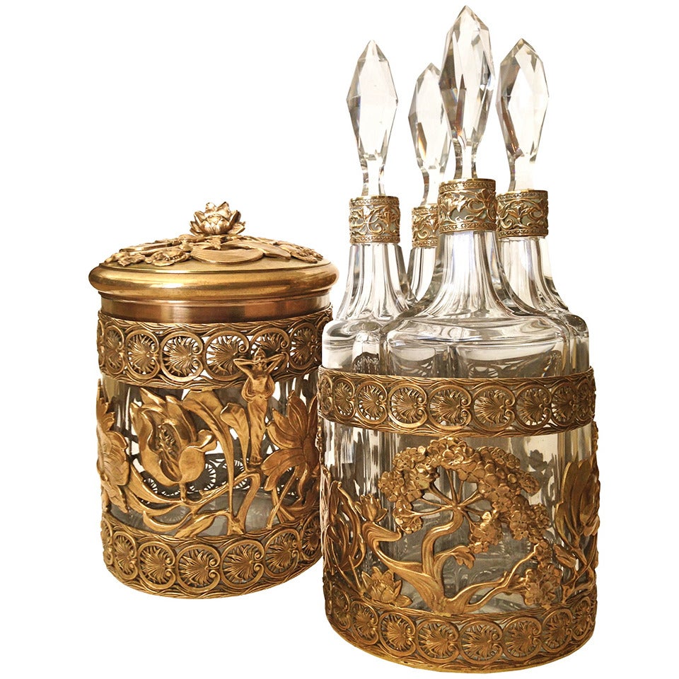 Fine Gentleman's Gilt Bronze Brandy and Cigar Set Art Nouveau Period c.1900