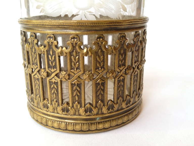 French Gilt Bronze Etched Crystal Cologne circa 1920 In Excellent Condition In Redding, CA