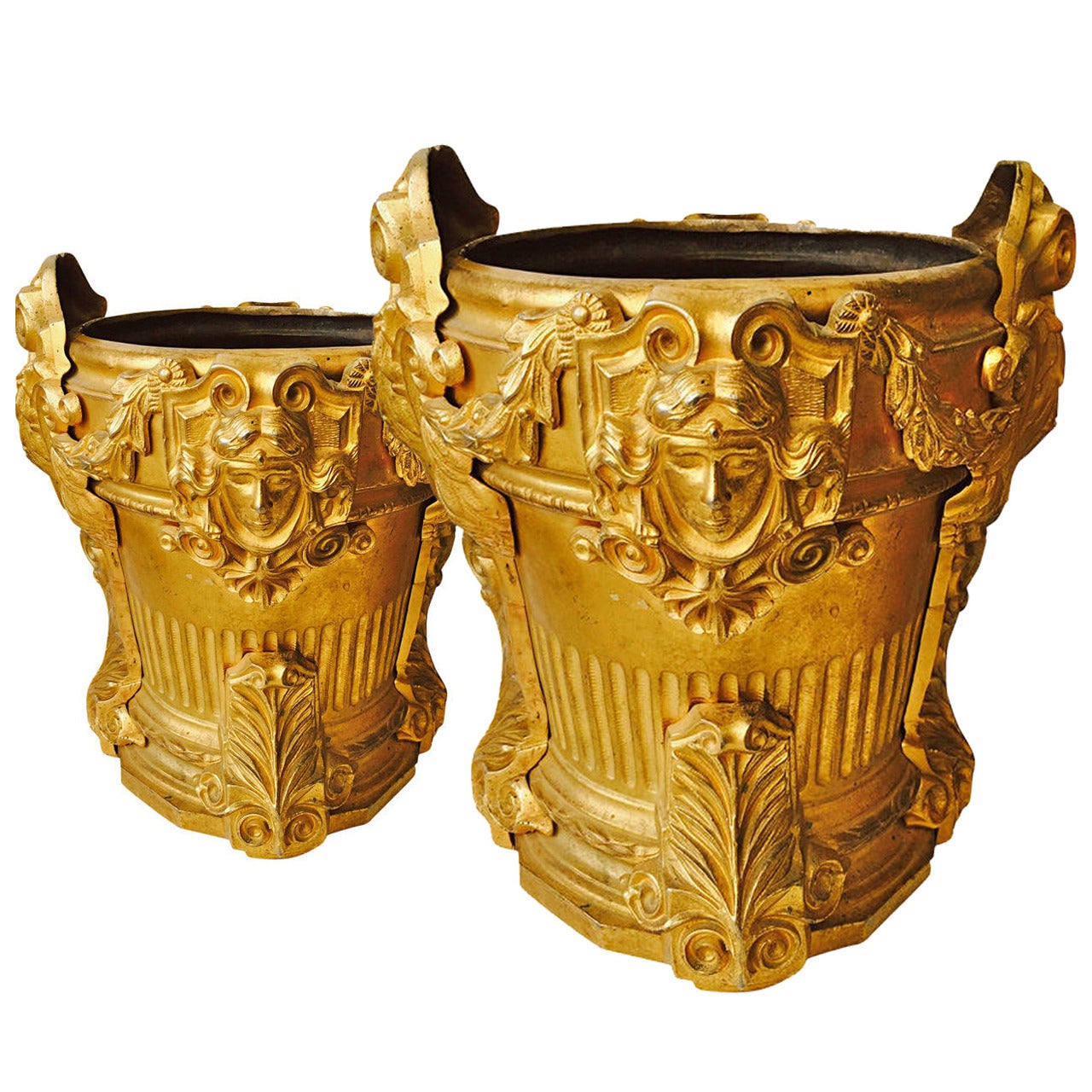 Beautiful and Rare 19th Century Gilt Bronze Wine Coolers Empire Masks For Sale