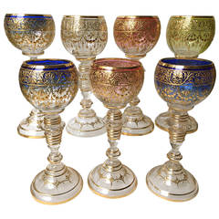 Antique Moser Multiple Color Wine Stems Exceptional Raised Parcel-Gilt, circa 1900