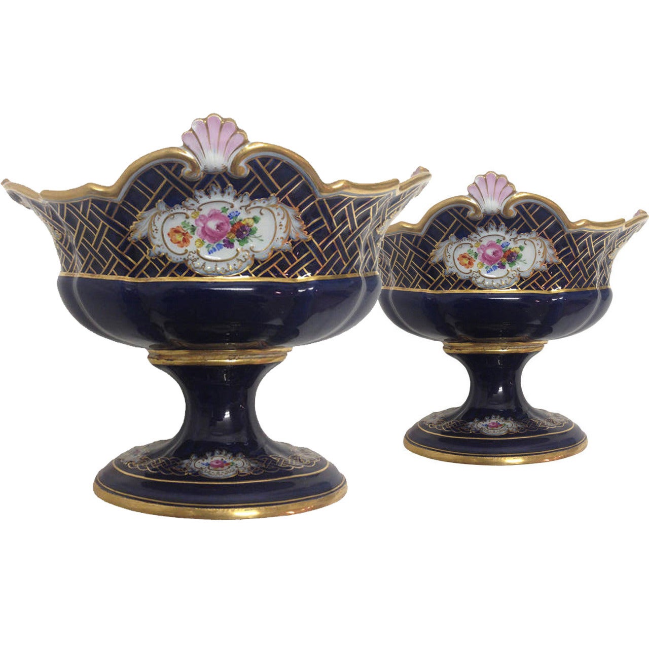 Pair of Meissen Centerpieces with Painted Flowers, Gilt Highlights, 19th Century For Sale