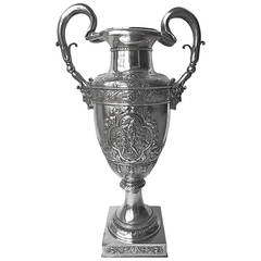 Large Continental Silver Vase Cast and Chased Double Snake Handles, 19th Century