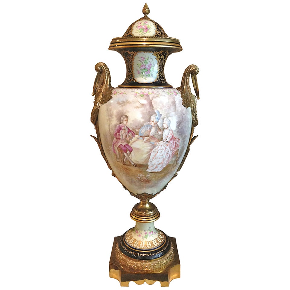 French Antique Gilt Bronze Mounted Sevres Style Palace Urn, circa 1900 Signed For Sale