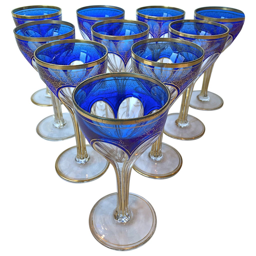 Ten Rare Moser Blue Wine Stems Gilt Highlights, circa 1900