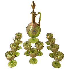 Antique Superb Moser Jewel Applied Gilt Highlighted Liquor Set, Austria, circa 1900
