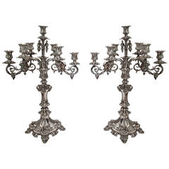 Antique Seven-Branch Pair of German Fine Silver Candelabrum, circa 1840 by Sy Wagner
