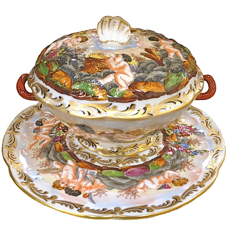 Set of Ten Rare 19thc  Capodimonte Individual Porcelain Tureens with Underplates