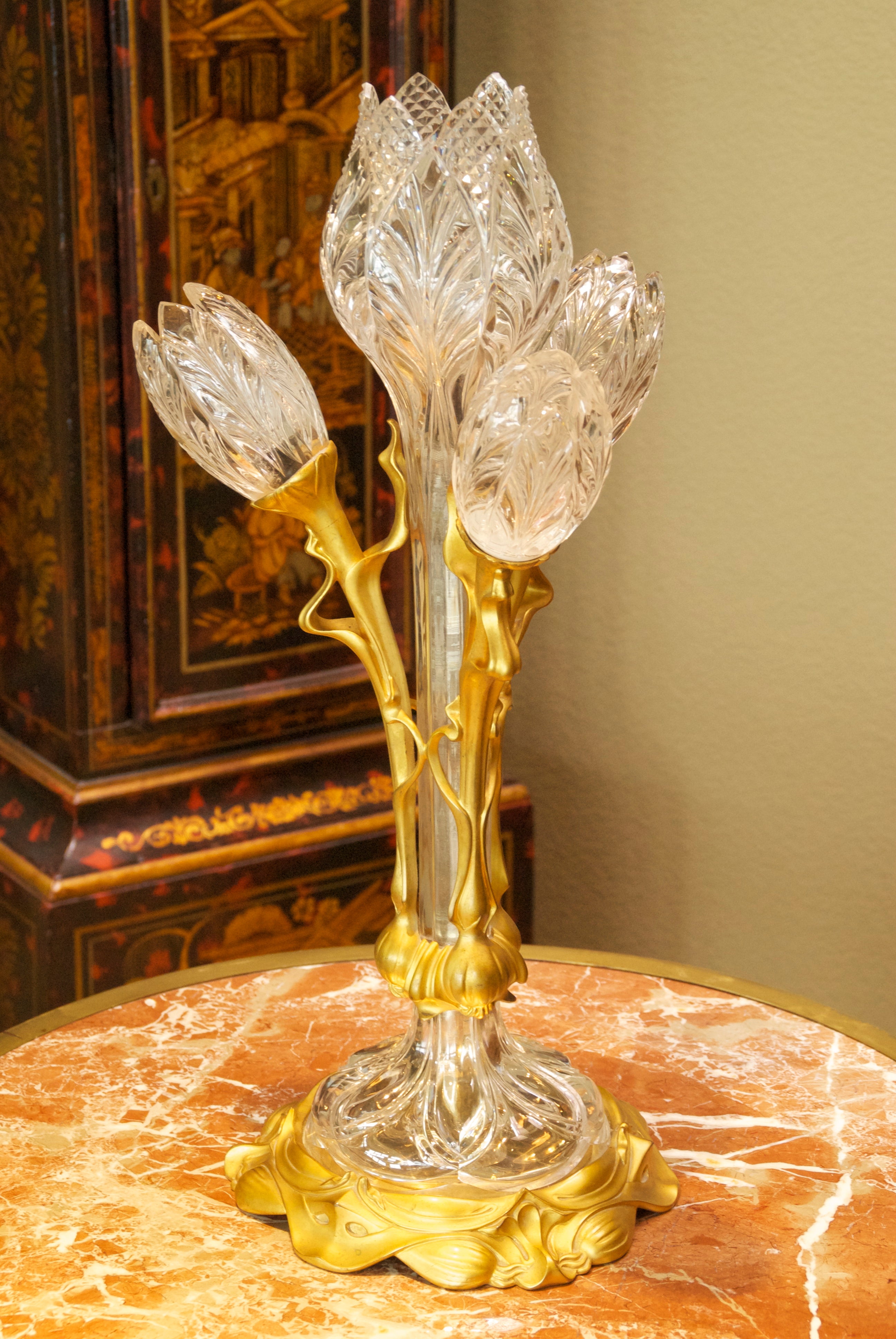Art Nouveau Crystal and Bronze Flora Form Table Lamp
