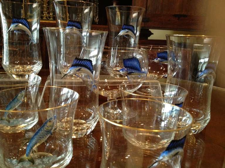 Austrian Set of Moser Bar Glass with Jumping Raised Enamel Sailfish 20th Century