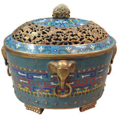 Chinese Cloisonné  Pot with Carved Jade Mounted and Reticulated Lid circa 1900