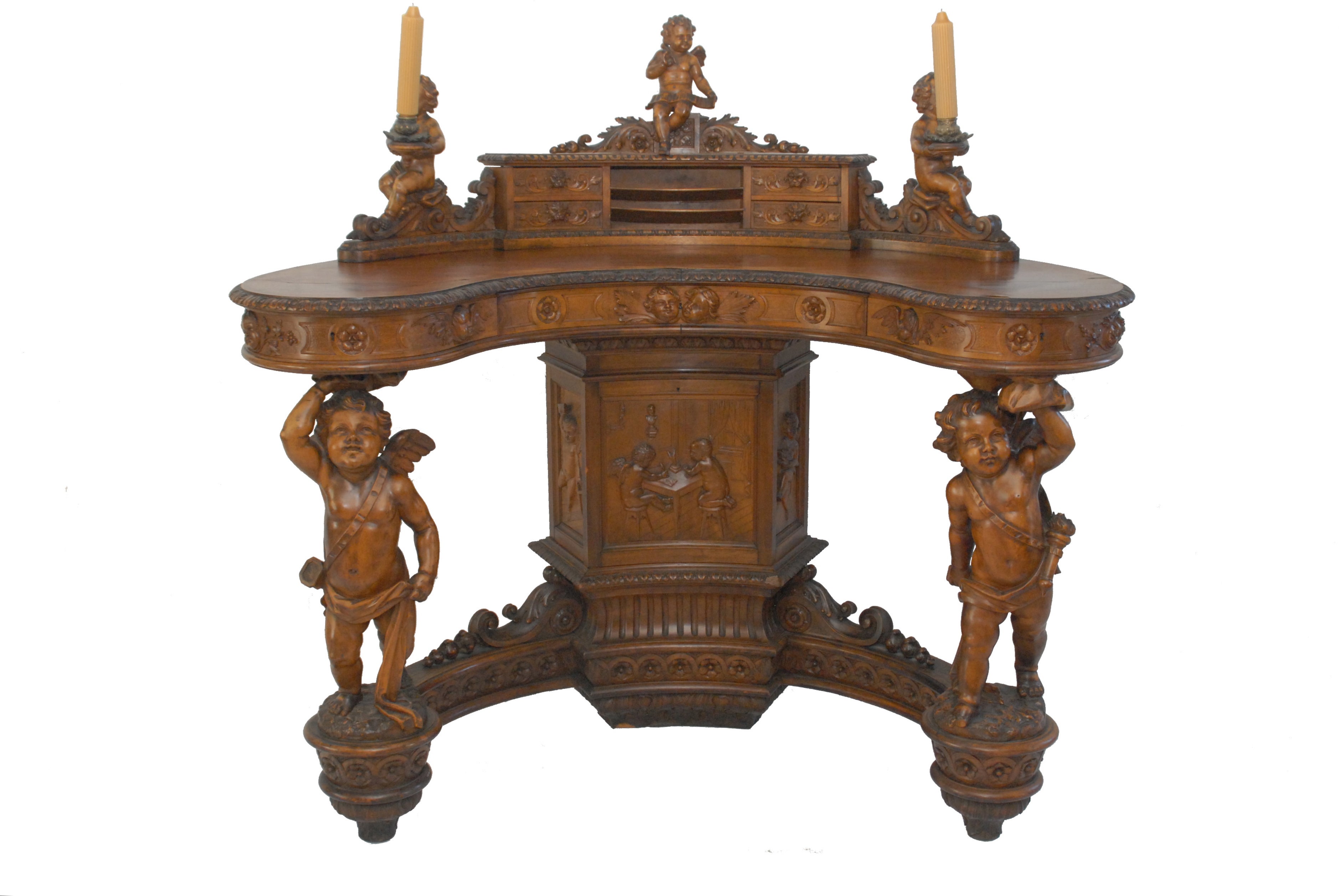 Important Renaissance Revival Walnut Desk by Valentino Besarel, 19th Century