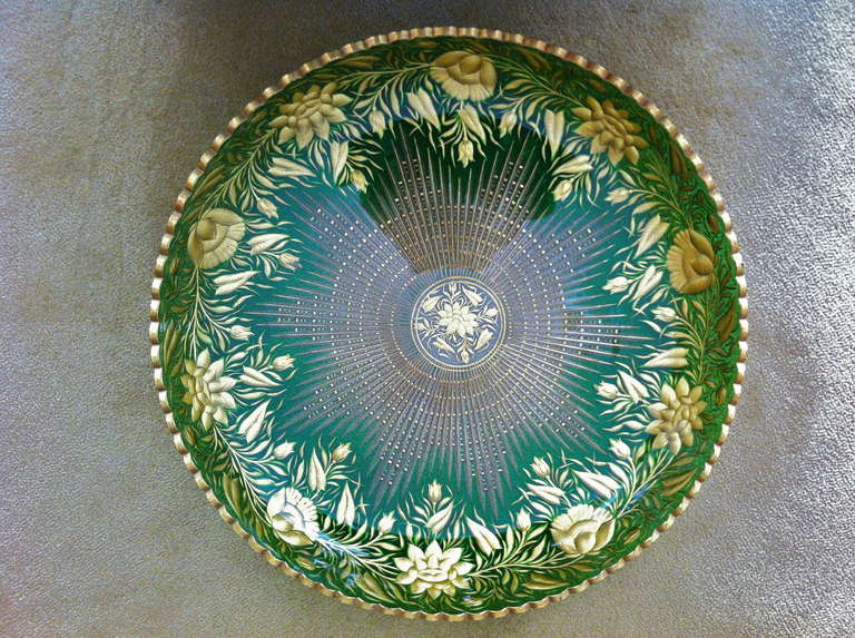 Outrageous Large and Impressive Bohemian Glass Charger. Of the
Finest Quailty and condition. Floral Intaglio Cut Etching Coved with Rich Gold Gilding and also wonderfully Cut. A great example of several skillful Techniques coming together to make