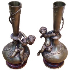 French Bronze Fantasy Vases Cherubs Signed August Moreau