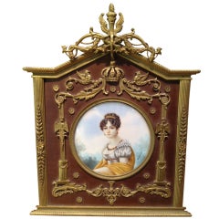19thc French Miniature Painting Gilt Bronze Empire Frame signed Dumont