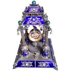 19thc Austrian Silver and Enamel Jewell Encrusted Clock