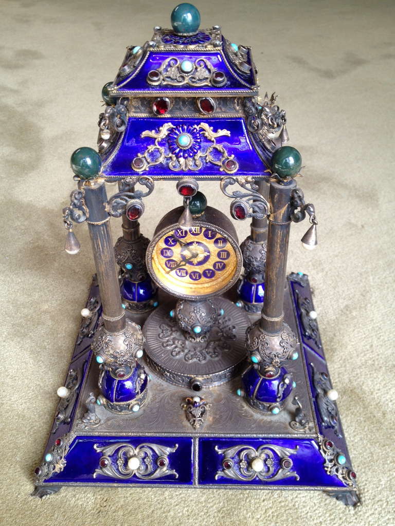 19thc Austrian Silver and Enamel Jewell Encrusted Clock