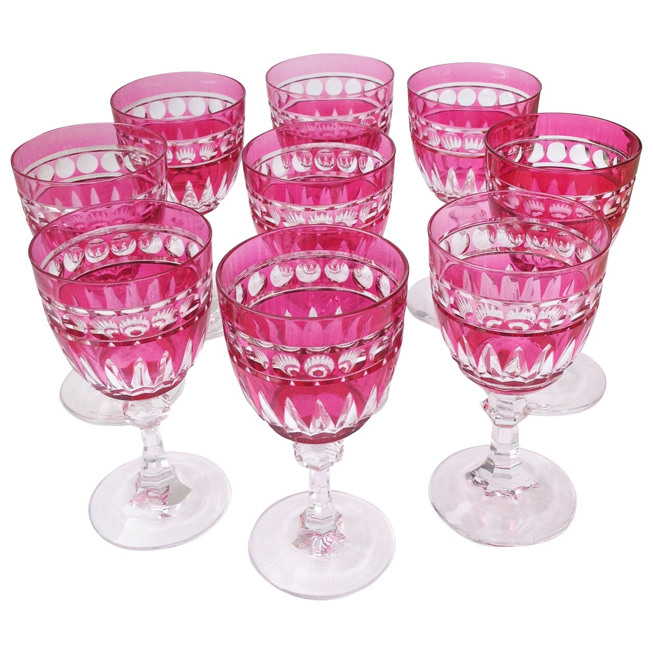 Nine Cranberry to Clear Val Saint Lambert Large Goblets, circa 1940