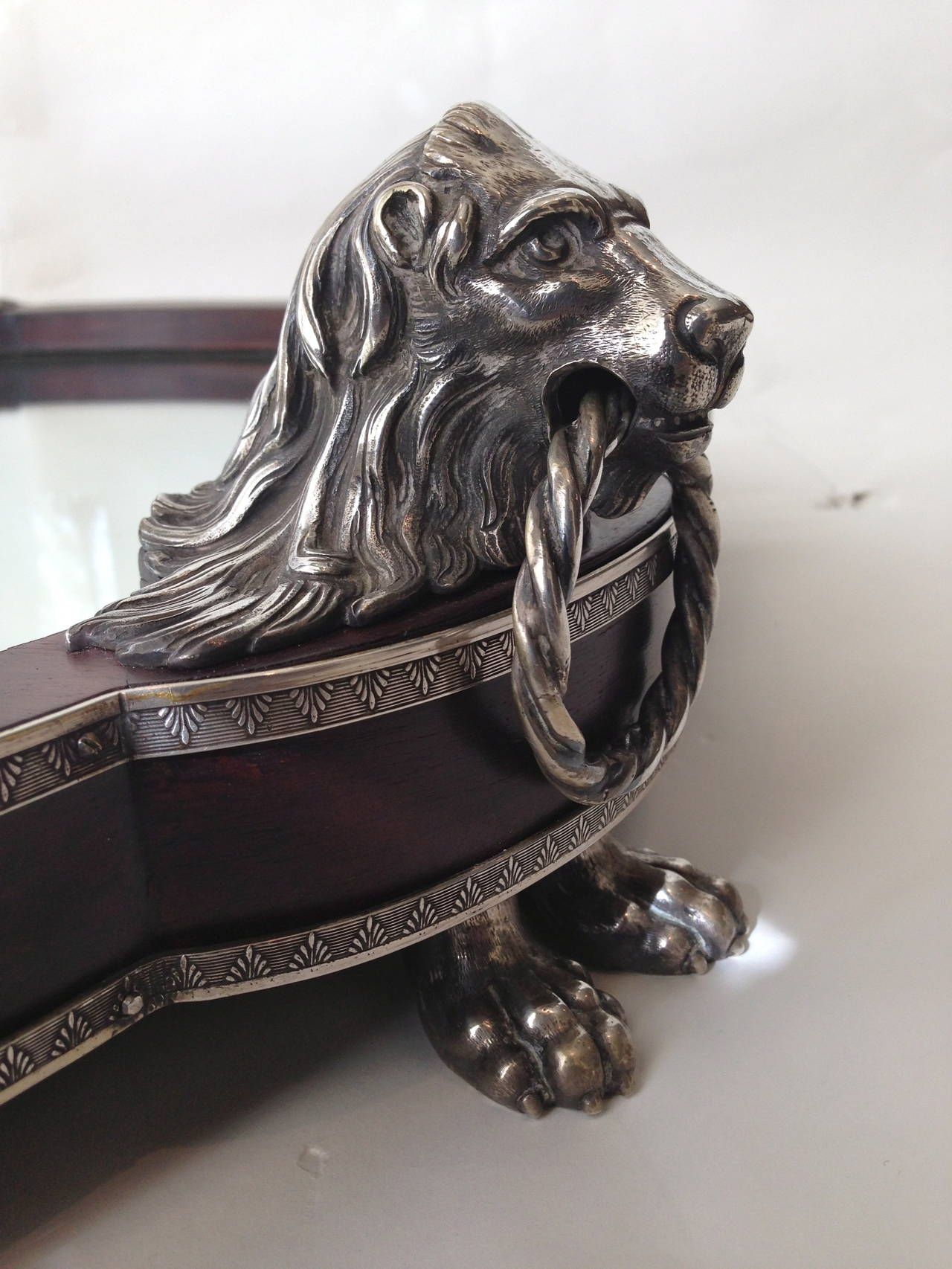 Very rare and unusual piece the lion figures silver over bronze. Nice size.
Excellent condition.