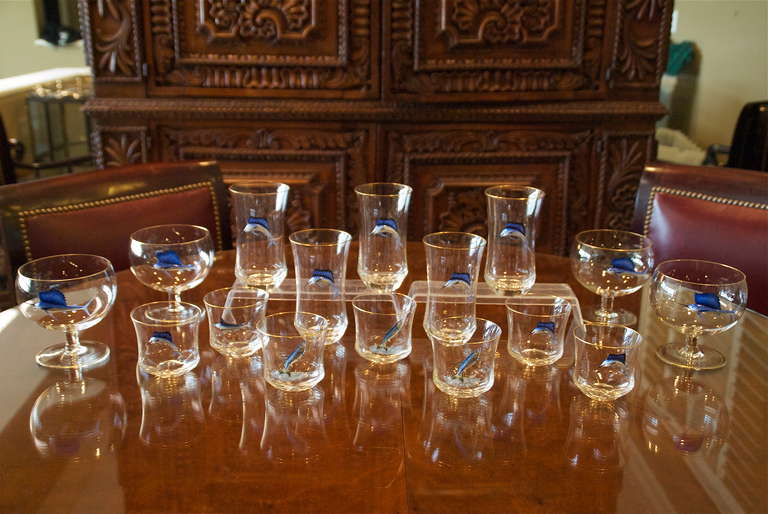 Set of Moser Bar Glass with Jumping Raised Enamel Sailfish 20th Century 1