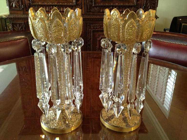19thc Moser Lusters covered with Heavy Raised Gold Gilding
Look how much gold was used in the making of this Superior pair
of Moser Lusters. The set offered is the first of its type we have 
seen, we  have had matching quadrafoil wine stems in